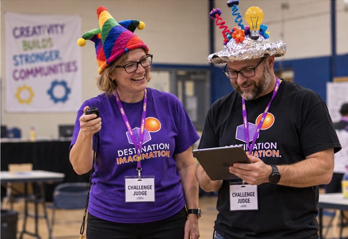 Two smiling volunteer challenge judges in silly hats reviewing scores on a tablet