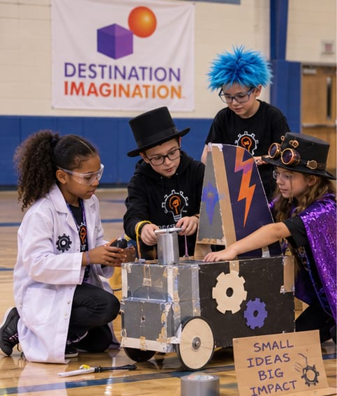 Four students in costumes building a cardboard vehicle with gears and a lightning bolt