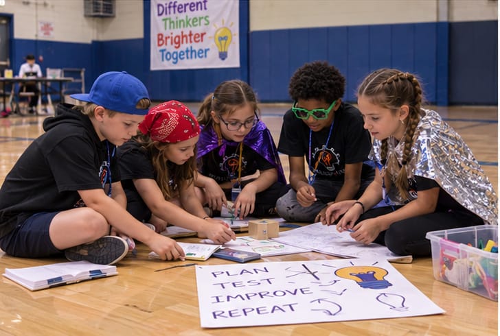 Five students sitting on a gym floor planning their solution on a large poster